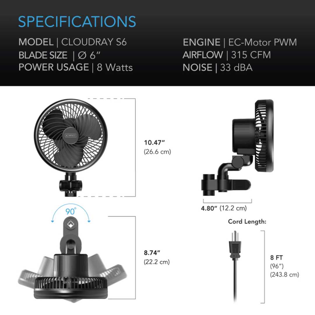 AC Infinity CLOUDRAY S6, GROW TENT CLIP FAN 6 WITH 10 SPEEDS, AUTO OSCILLATION AC Infinity
