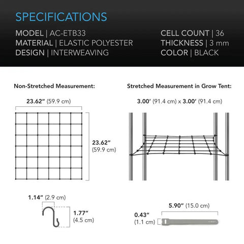 AC Infinity GROW TENT TRELLIS NETTING, FLEXIBLE ELASTIC CORDS, 3'x3 AC Infinity