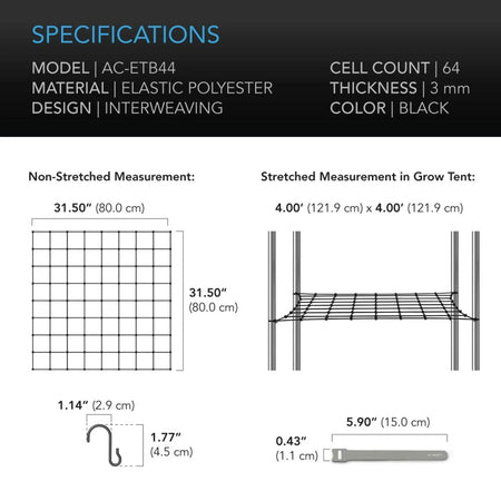 AC Infinity GROW TENT TRELLIS NETTING, FLEXIBLE ELASTIC CORDS, 4'x4 AC Infinity