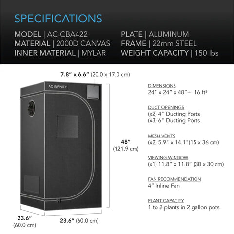 AC Infinity Grow Tent CLOUDLAB 422, 24"x24"x48" Reflective 2000D Mylar Grow Tent AC Infinity