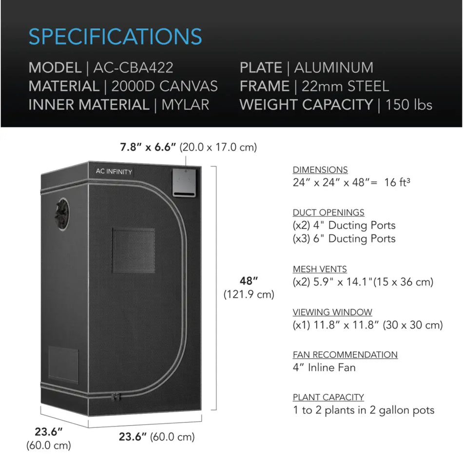 AC Infinity Grow Tent CLOUDLAB 422, 24"x24"x48" Reflective 2000D Mylar Grow Tent AC Infinity