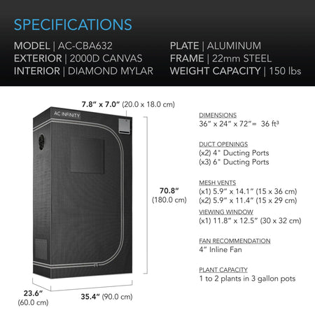 AC Infinity Grow Tent CLOUDLAB 632, 36"x24"x72" Reflective 2000D Mylar Grow Tent