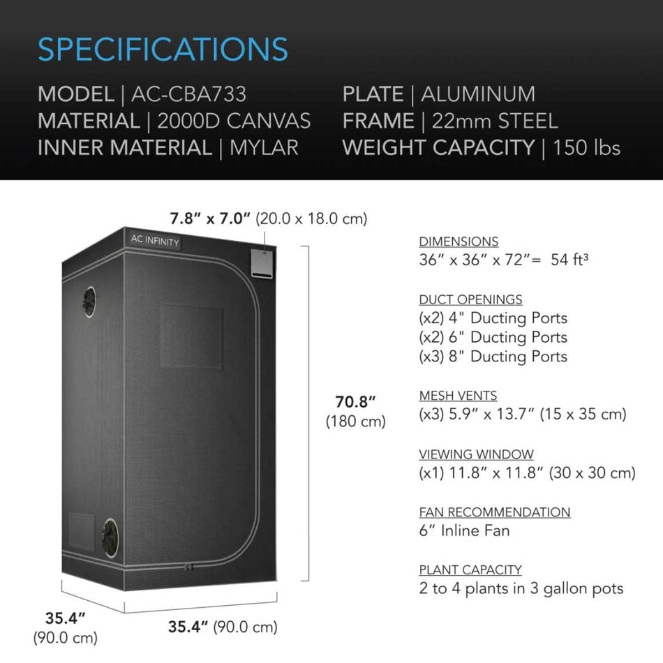 AC Infinity Grow Tent CLOUDLAB 733, 36"x36"x72" Reflective 2000D Mylar Grow Tent AC Infinity