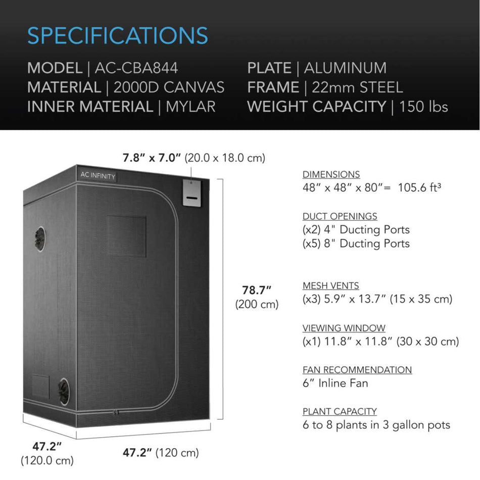 AC Infinity Grow Tent CLOUDLAB 844, 48"x48"x80" Reflective 2000D Mylar Grow Tent AC Infinity