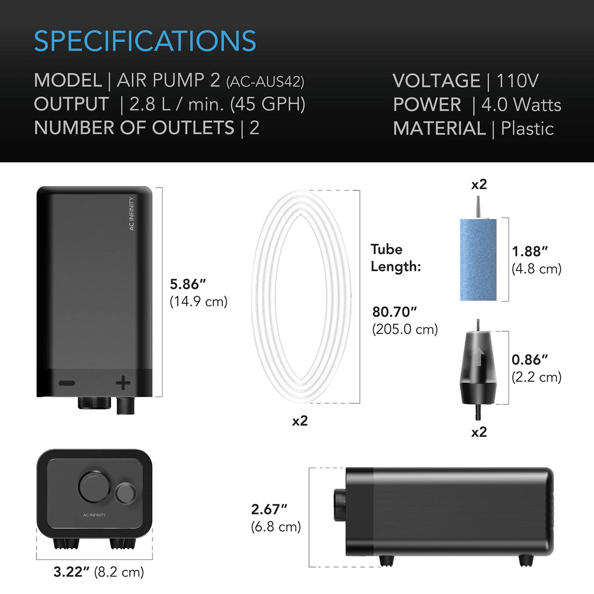 AC Infinity HYDROPONICS AIR PUMP, TWO-OUTLET PUMPING KIT, 45 GPH (2.8 L/M) AC Infinity