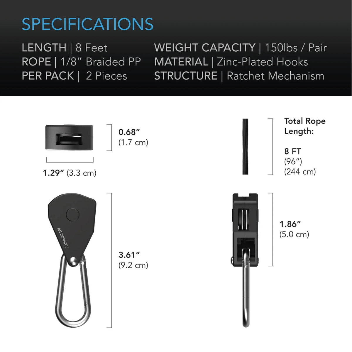 AC Infinity Heavy-Duty Adjustable Rope Ratchet Clip Hanger, One Pair AC Infinity