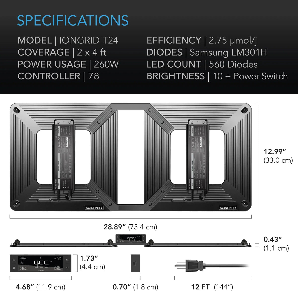 AC Infinity IONGRID T24, FULL SPECTRUM LED GROW LIGHT 260W AC Infinity