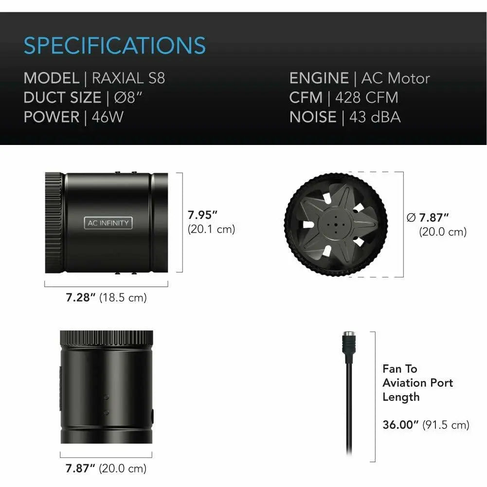 AC Infinity RAXIAL S8 Inline Booster Duct Fan with Speed Controller, 8" AC Infinity
