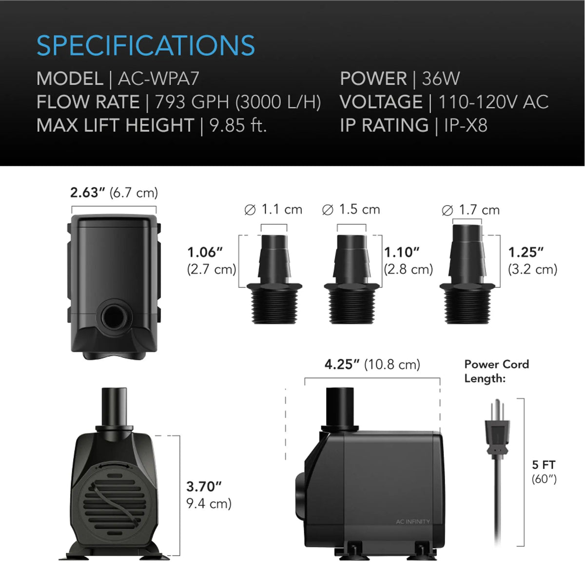 AC Infinity SUBMERSIBLE WATER PUMP, 10-FEET LIFT HEIGHT, 792 GPH (3000 L/H) AC Infinity