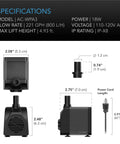 AC Infinity SUBMERSIBLE WATER PUMP, 5-FEET LIFT HEIGHT, 211 GPH (800 L/H) AC Infinity