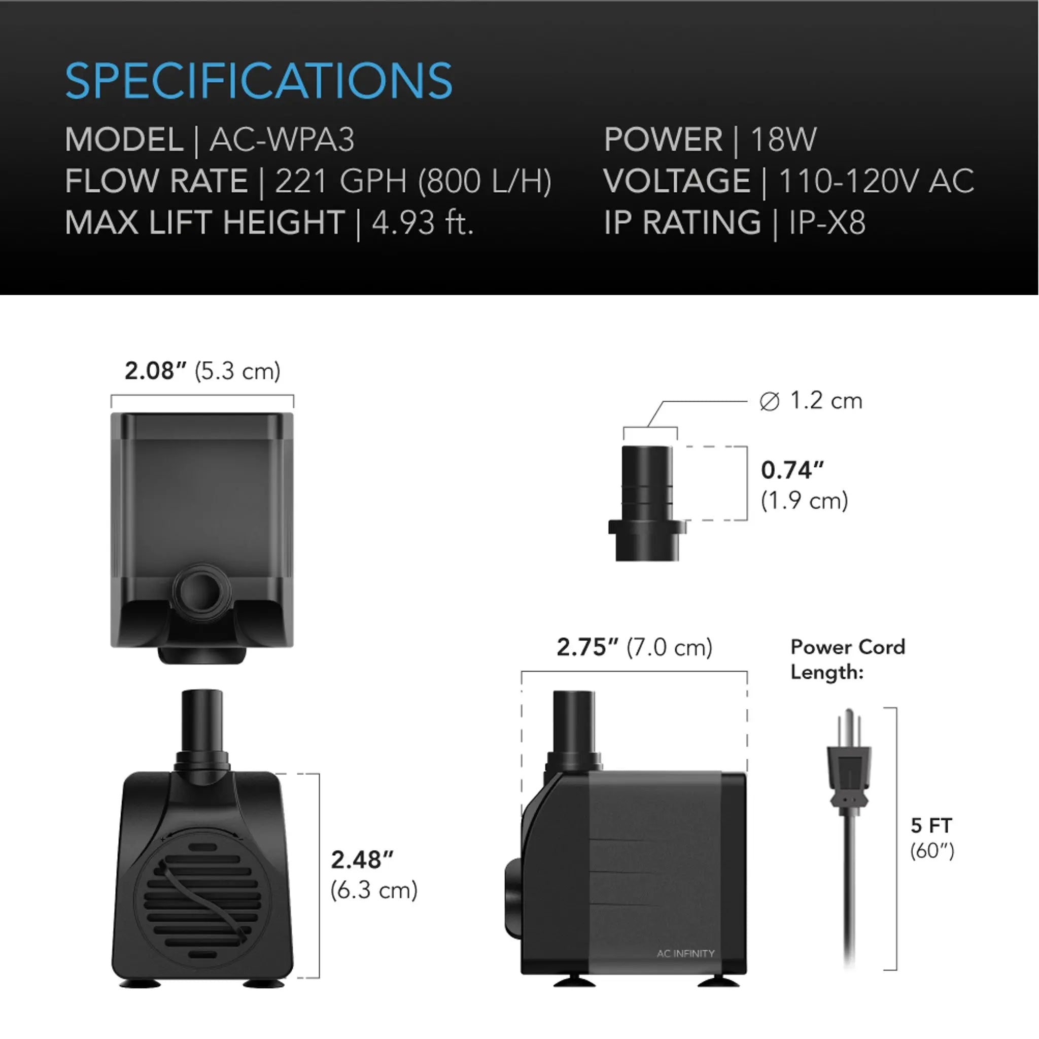 AC Infinity SUBMERSIBLE WATER PUMP, 5-FEET LIFT HEIGHT, 211 GPH (800 L/H) AC Infinity