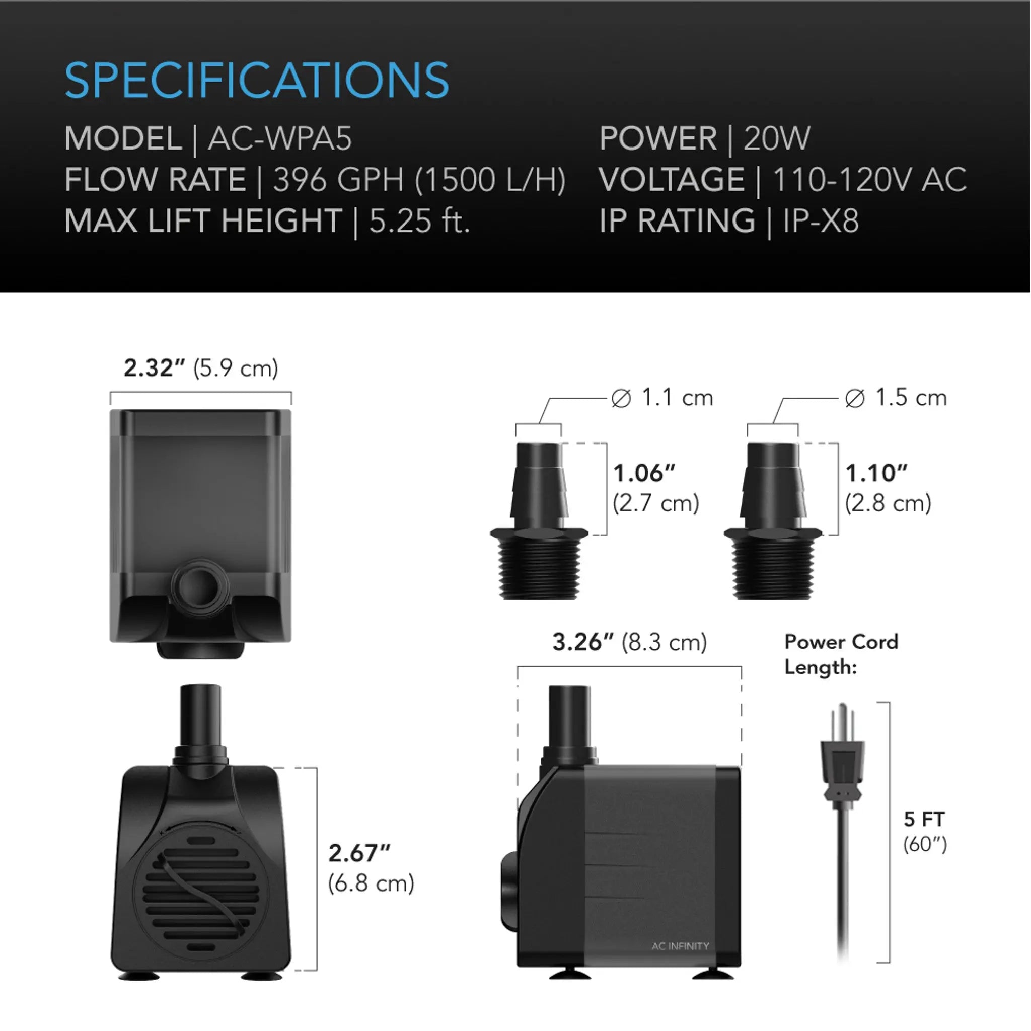 AC Infinity SUBMERSIBLE WATER PUMP, 5-FEET LIFT HEIGHT, 396 GPH (1500 L/H) AC Infinity