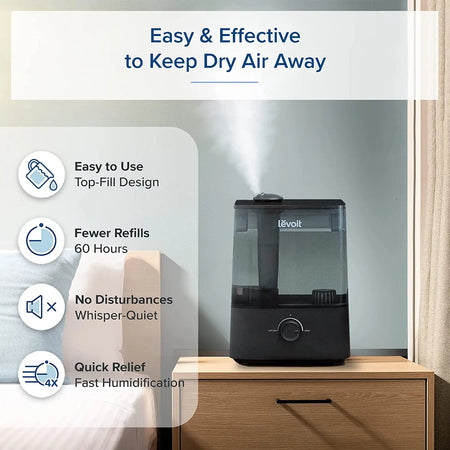 LEVOIT 60-Hour Top Fill Ultrasonic Humidifier with Auto Shut Off, 6L